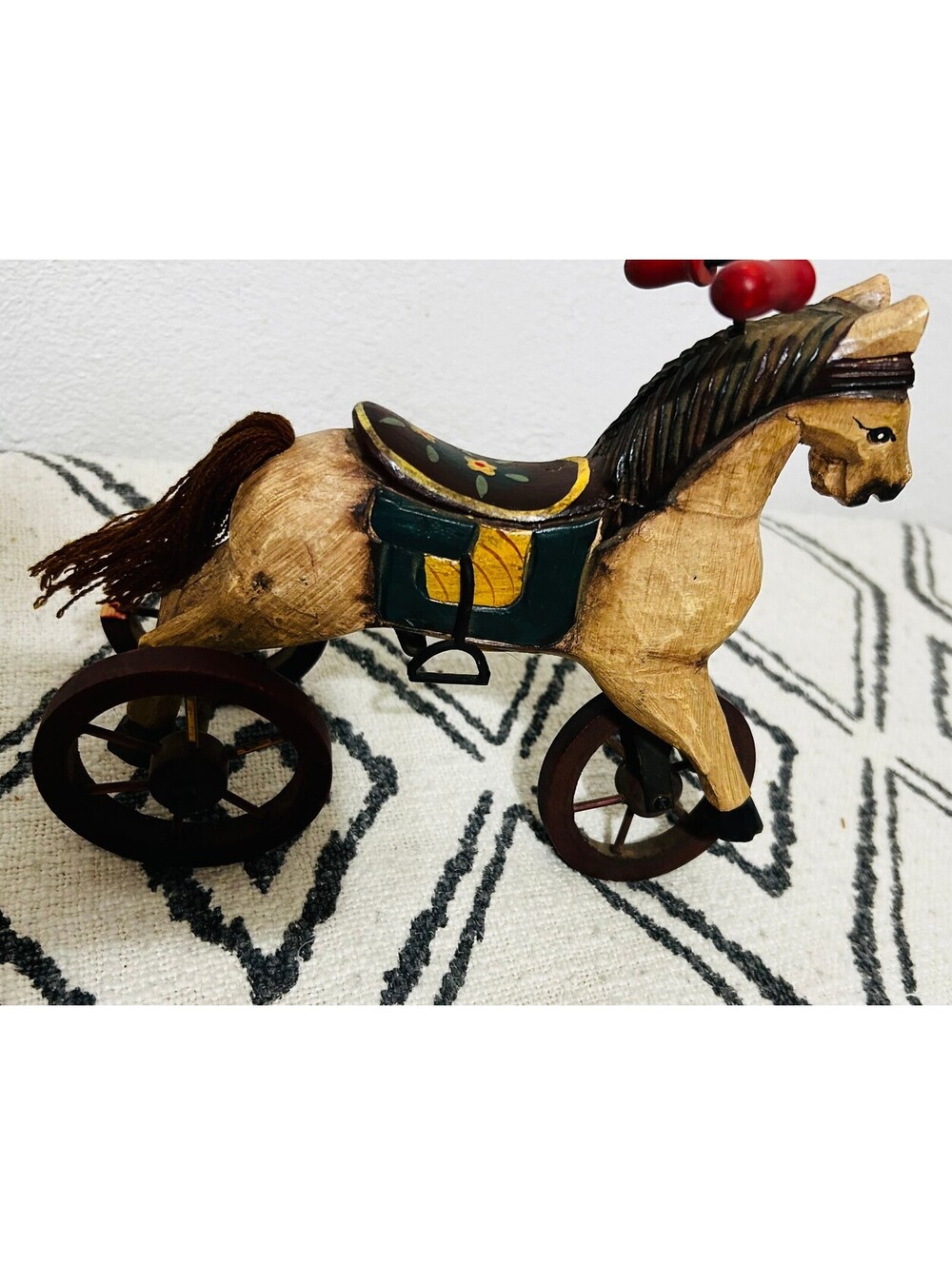 Vintage Hand Carved Wooden Horse Tricycle Figurine Folk Art Painted Broken Wheel